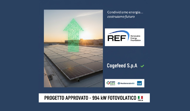 Cogefeed ottiene contributo PNRR da 366 mila euro per impianto fotovoltaico CER